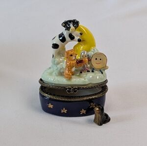 Whimsical Blue Trinket Box with Cow and Moon Design